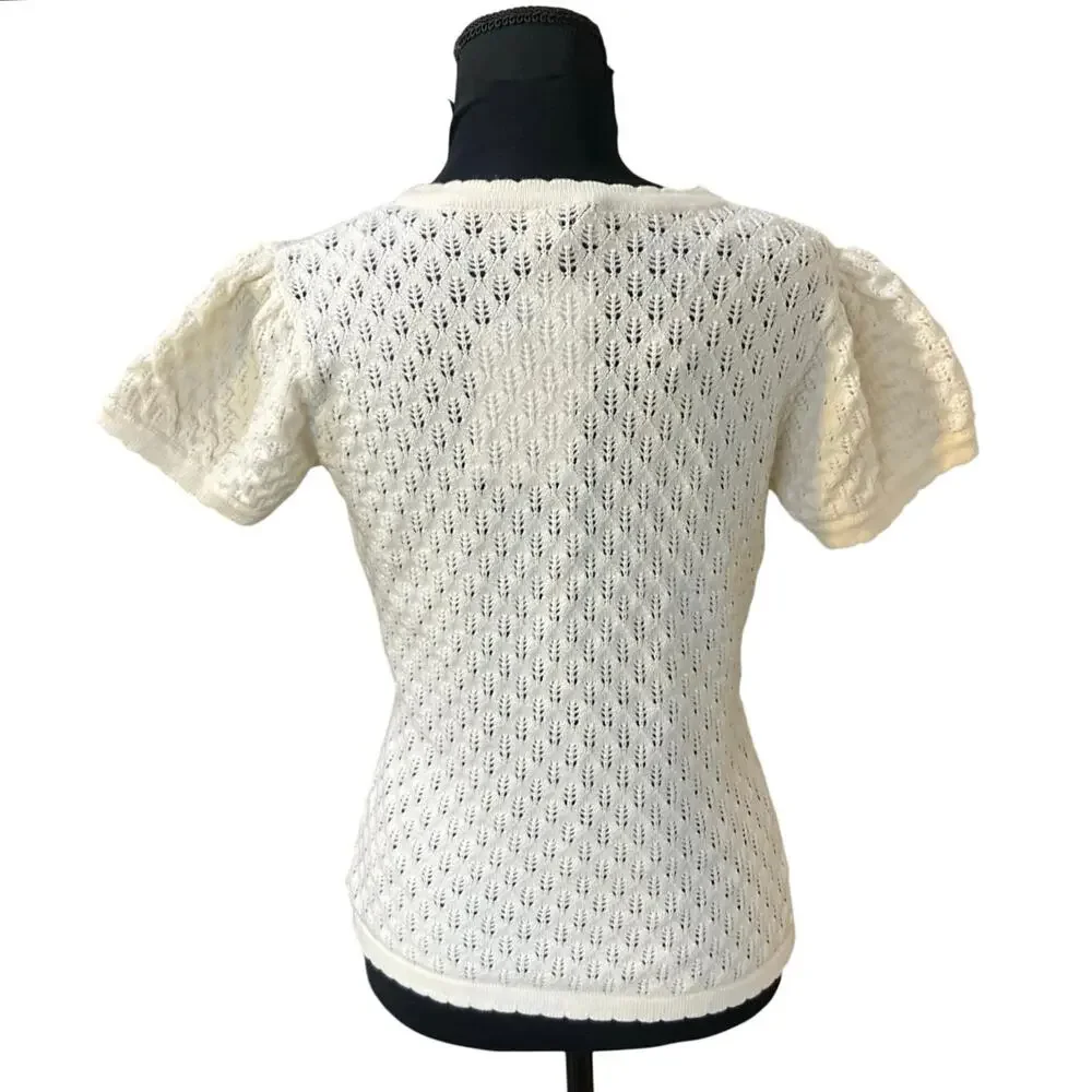 Princess Polly Ivory Tie Front Knit Top S Crochet Short Sleeve Sweater NWT